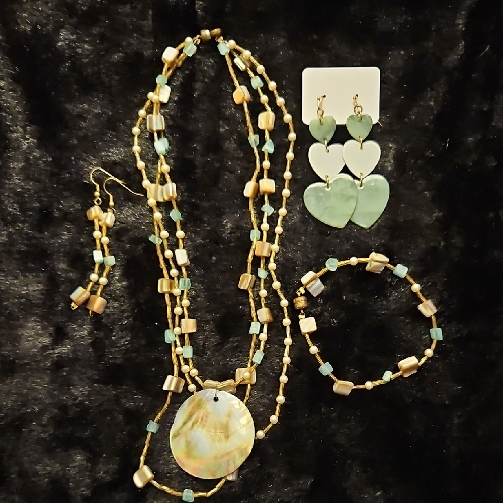 Layered Green + Gold Bead 15" Necklace Set:Heart Earrings, Dangle Earring, Brace